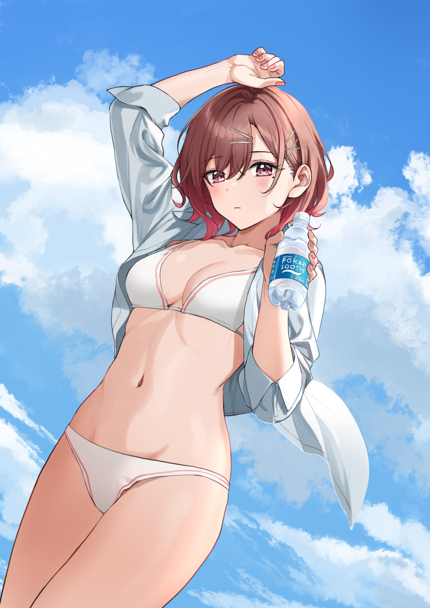 1girl absurdres bikini bikini_under_clothes blue_sky blush breasts cleavage cloud collarbone duplicate dutch_angle groin hair_ornament hairpin highres higuchi_madoka idolmaster idolmaster_shiny_colors looking_at_viewer midriff mole mole_under_eye nail_polish navel nonbire outdoors pixel-perfect_duplicate pocari_sweat red_eyes red_hair shirt sky solo swimsuit symbol-only_commentary white_bikini white_shirt