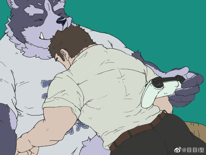 2boys ass bara belt between_pectorals black_pants body_fur brown_hair chinese_commentary fang furry furry_male furry_with_non-furry handheld_game_console head_between_pecs highres interspecies large_pectorals long_sideburns male_focus master_3_(housamo) me-me_(mouact2) multiple_boys muscular muscular_male pants pectorals shirt short_hair sideburns sleeping sleeping_on_person sleeves_rolled_up smile tokyo_afterschool_summoners tsathoggua_(housamo) tusks white_shirt wolf_boy yaoi