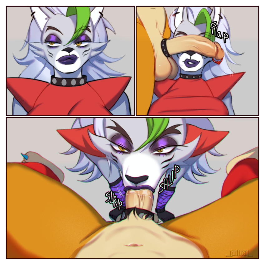 anthro balls bodily_fluids breasts canid canine canis clothing digital_media_(artwork) duo ear_piercing erection female five_nights_at_freddy's five_nights_at_freddy's:_security_breach freddy_(fnaf) genital_fluids genital_piercing genitals hair hi_res hoop makeup male male/female male_penetrating mammal oral penetration penile penis penis_piercing piercing pulred roxanne_wolf_(fnaf) scottgames simple_background sucking ursid video_games wolf