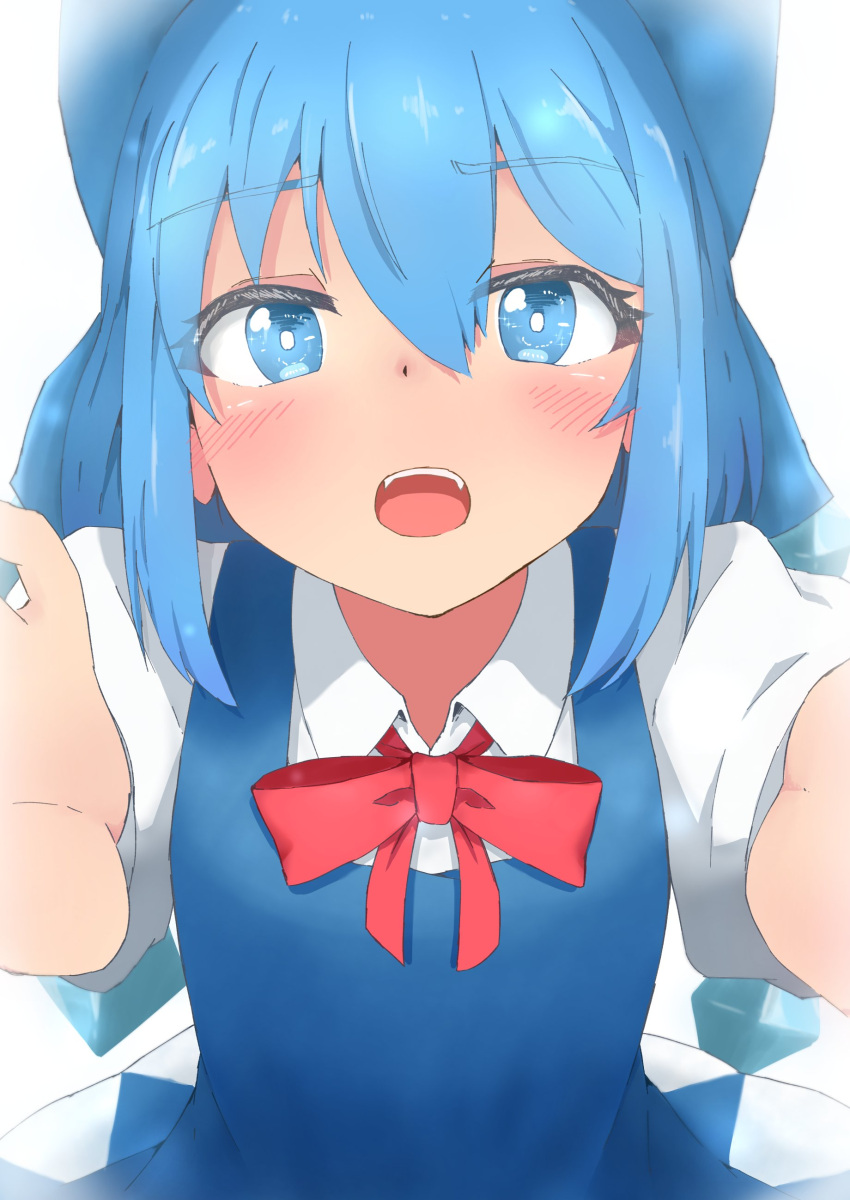 1girl absurdres bloom blue_eyes blue_hair blush bow cirno dress face foreshortening from_above highres looking_at_viewer mizune_(winter) open_mouth outstretched_arms reaching_out shirt short_sleeves solo touhou