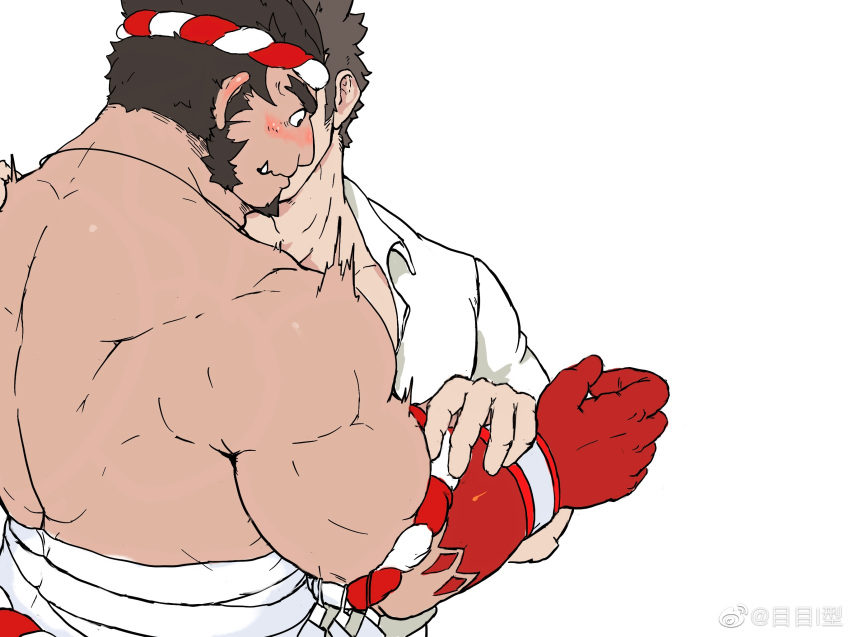 2boys back bara blush chinese_commentary collared_shirt couple covered_face facial_hair flustered goatee hachimaki hand_on_another's_arm hand_on_another's_shoulder headband highres kiss kissing_cheek long_sideburns male_focus master_3_(housamo) mature_male me-me_(mouact2) midriff_sarashi multiple_boys muscular muscular_male nejiri_hachimaki pectorals sarashi shirt short_hair sideburns solo_focus stubble surprise_kiss surprised tajikarao_(housamo) thick_eyebrows tokyo_afterschool_summoners trembling tusks upper_body yaoi