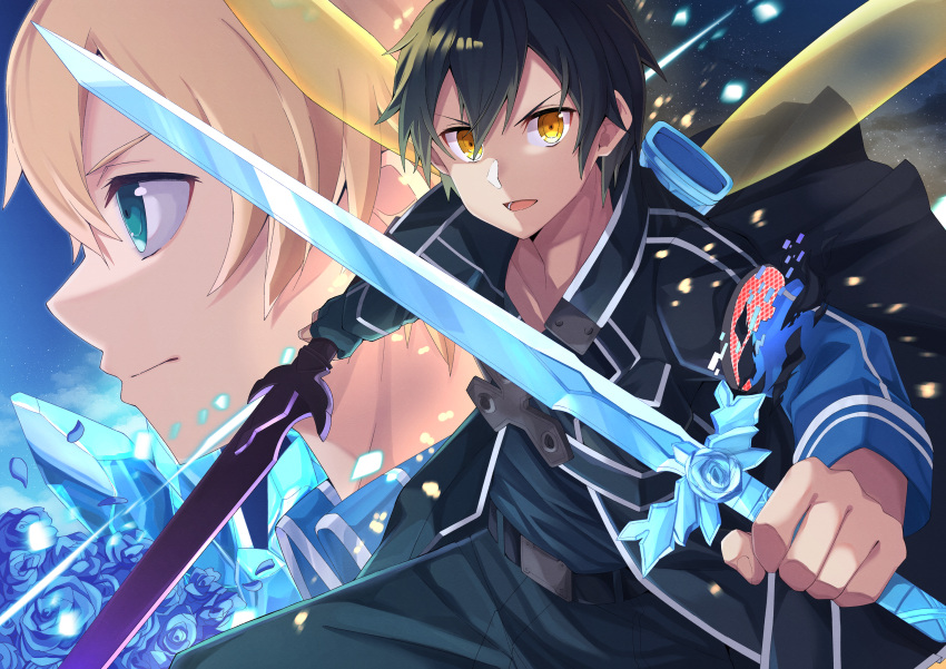 2boys black_hair black_jacket blonde_hair blue_eyes blue_flower blue_rose blue_rose_sword dual_wielding eugeo fairy_wings flower gakuto_96 highres holding holding_sword holding_weapon injury jacket kirito looking_at_viewer multiple_boys night night_sky night_sky_sword rose short_hair sky sword sword_art_online weapon wings yellow_eyes