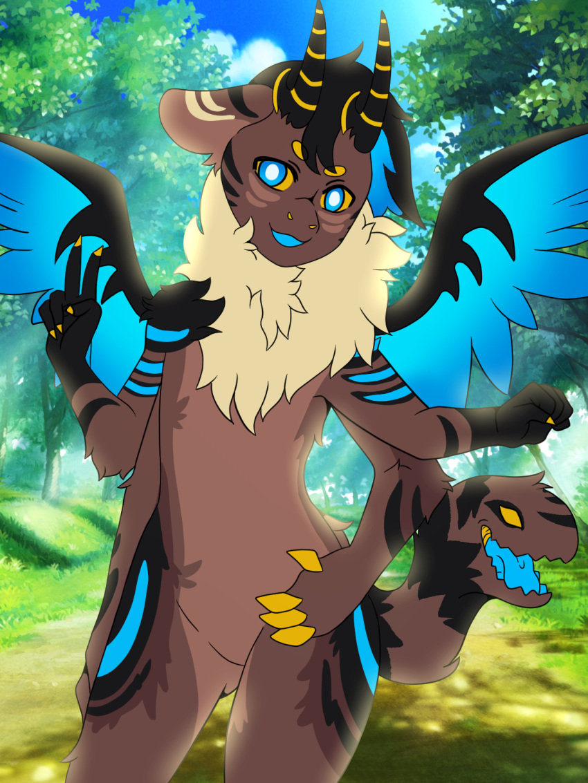 anthro blue_tongue claws dreamoriginated dreamstalker fur_scarf gesture hand_on_hip hi_res horn littlemarshmallowcat male multi_arm multi_eye multi_limb paws solo tail_mouth tongue unusual_anatomy unusual_tail v_sign wings