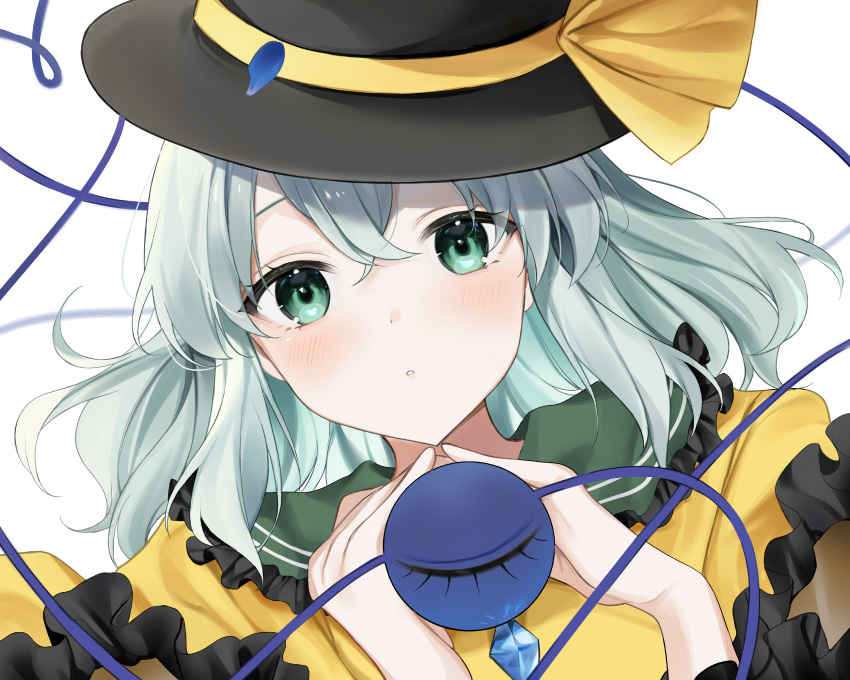 1girl absurdres artist_request black_headwear blush bow eyebrows_visible_through_hair face frilled_shirt_collar frilled_sleeves frills green_eyes hair_between_eyes hat hat_ribbon heart heart_of_string highres komeiji_koishi long_sleeves looking_at_viewer parted_lips ribbon shirt solo third_eye touhou upper_body white_background yellow_bow yellow_ribbon yellow_shirt
