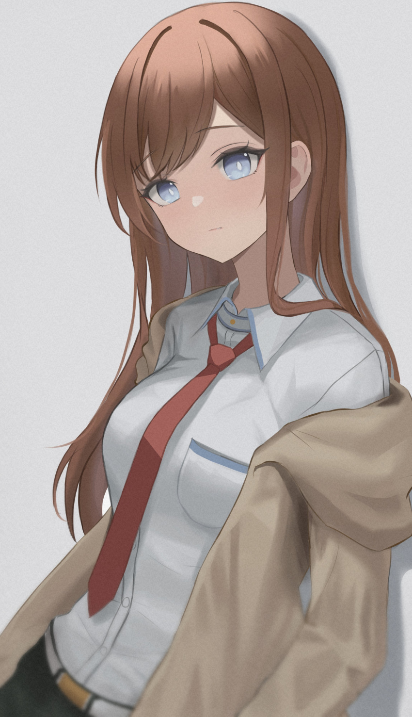 1girl absurdres bangs blue_eyes brown_hair brown_jacket closed_mouth collared_shirt dress_shirt eyebrows_visible_through_hair grey_background highres jacket long_hair long_sleeves makise_kurisu necktie open_clothes open_jacket red_necktie shirt simple_background solo steins;gate straight_hair ttusee5 upper_body white_shirt wing_collar