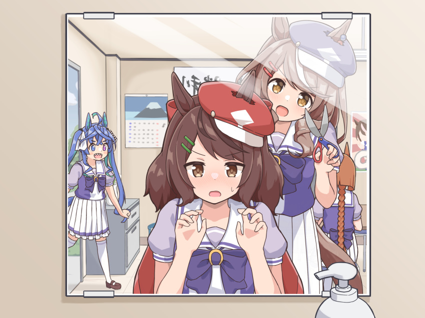 3girls ahoge animal_ears blue_eyes blue_hair bow bowtie braid brown_eyes brown_hair cabbie_hat calendar_(object) commentary_request cowboy_shot drawer ear_bow glasses hat heterochromia highres horse_ears horse_girl horse_tail ikuno_dictus_(umamusume) kanikanitengoku long_hair looking_at_mirror looking_at_viewer matikane_tannhauser_(umamusume) medium_hair mirror multicolored_hair multiple_girls nice_nature_(umamusume) orange_hair pleated_skirt puffy_sleeves purple_bow purple_bowtie purple_eyes red_headwear reflection sailor_collar school_uniform scissors serafuku shampoo shampoo_bottle sharp_teeth shirt short_sleeves sidelocks single_braid skirt streaked_hair summer_uniform table tail teeth thighhighs tracen_school_uniform twin_turbo_(umamusume) twintails umamusume upper_body white_legwear white_sailor_collar white_shirt yellow_eyes