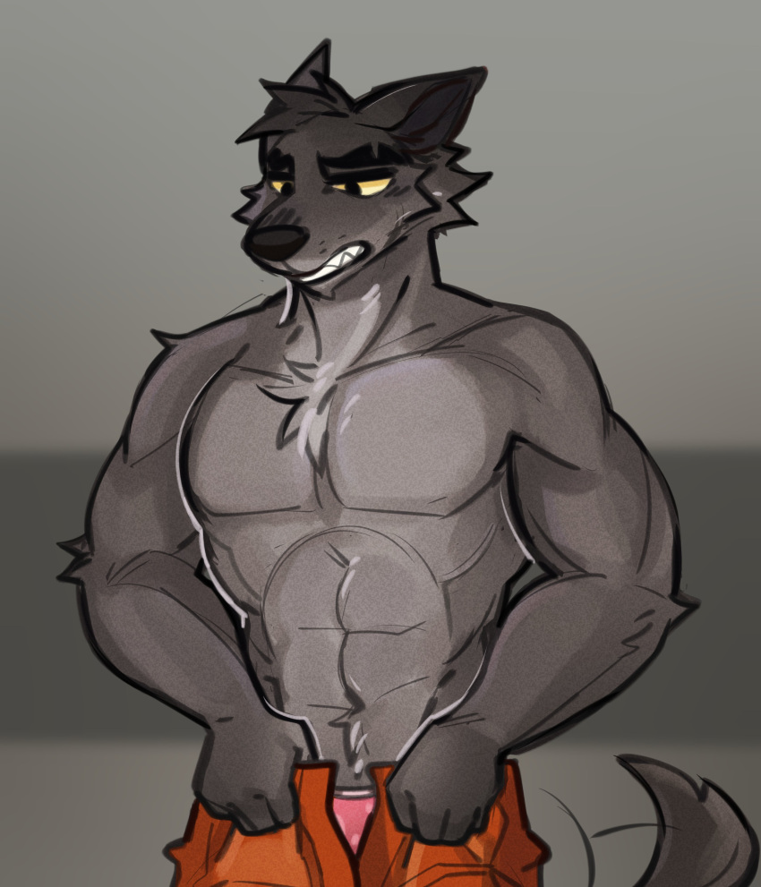 abs absurd_res anthro biped canid canine canis clothed clothing dreamworks grey_body hi_res loppifi male mammal mr._wolf_(the_bad_guys) muscular muscular_anthro muscular_male prison_uniform solo the_bad_guys topless topless_anthro topless_male underwear wolf yellow_eyes