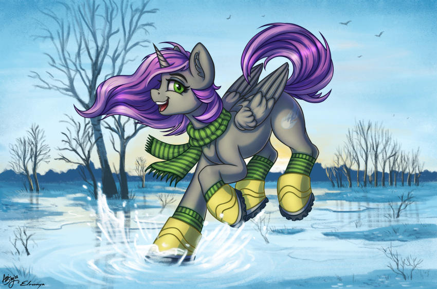amishy astral_wind boots clothing collaboration detailed_background elronya eltaile equid equine fan_character female footwear happy hasbro hi_res horn horse jumping looking_at_viewer mammal my_little_pony open_mouth plant pony puddle scarf smile snow socks solo splash spring tree water winged_unicorn wings ych