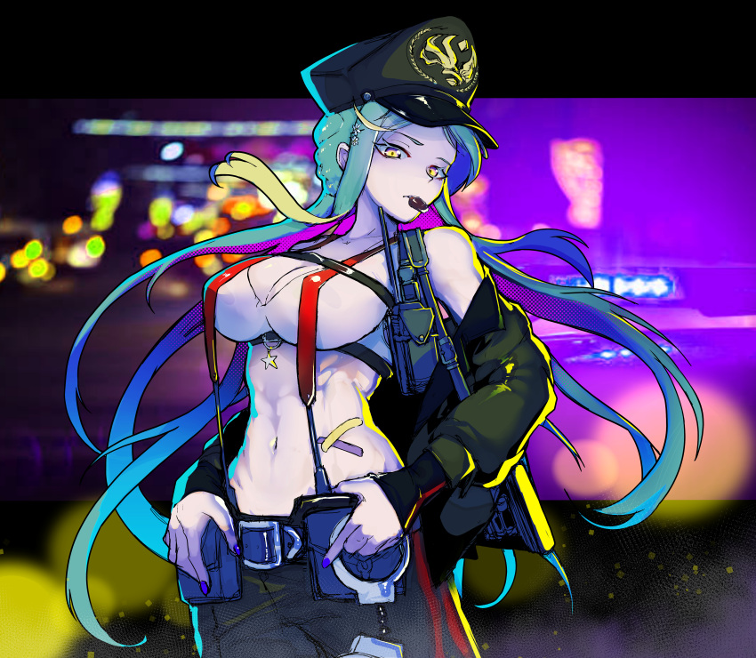1girl abs absurdres aqua_hair bangs belt black_headwear black_jacket black_pants breasts cleavage crop_top cuffs eyebrows_visible_through_hair fp-6_(girls'_frontline) girls'_frontline hair_ornament hairclip handcuffs hat highres holding holding_handcuffs jacket jacket_pull long_hair looking_at_viewer medium_breasts military_hat mouth_hold nail_polish navel open_clothes open_jacket pants peaked_cap police police_uniform policewoman purple_nails ryuu_tou solo sports_bra suspenders tank_top uniform upper_body whistle white_sports_bra white_tank_top yellow_eyes