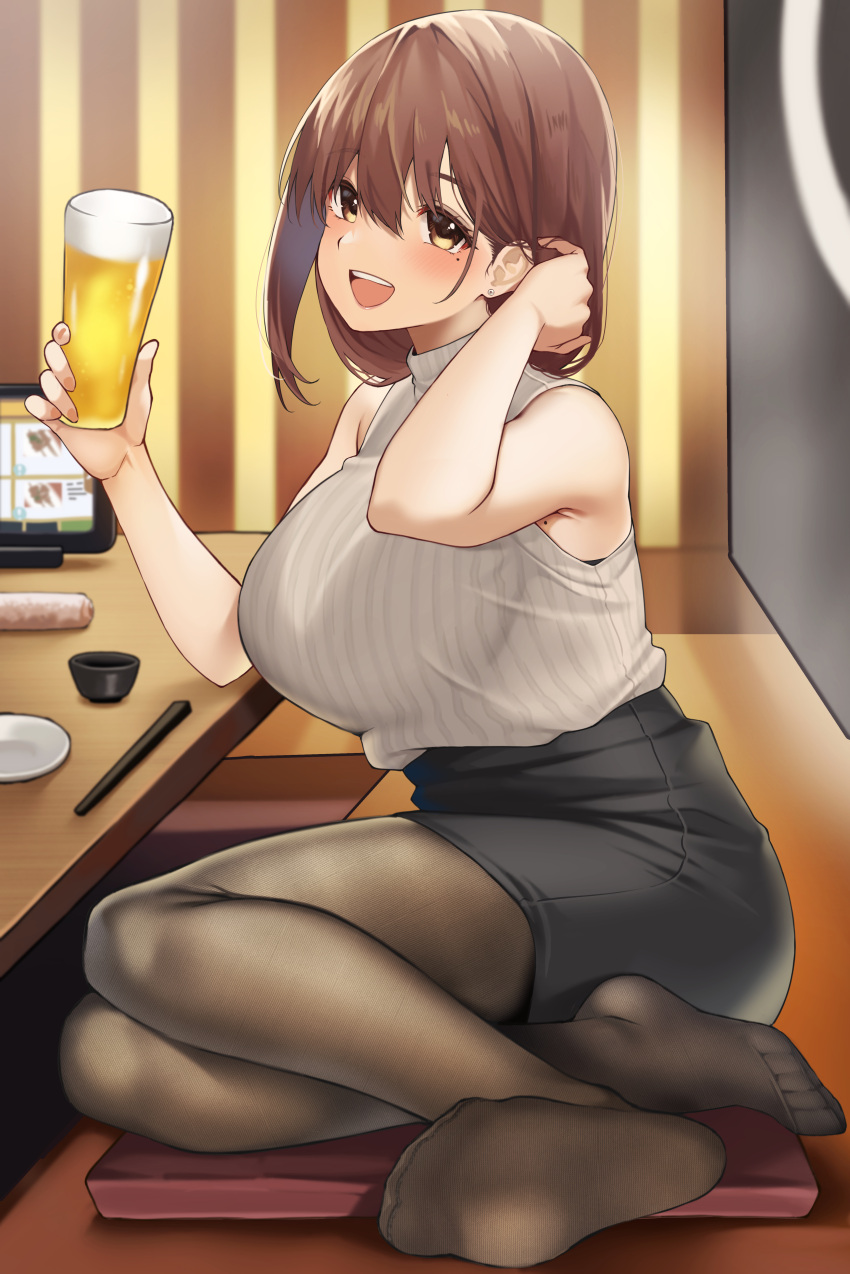 1girl :d absurdres adjusting_hair alcohol bangs beer black_legwear black_skirt blush breasts brown_hair clothes_tug commentary_request cup cushion earrings error from_side full_body hair_between_eyes hands_up highres holding holding_cup indoors jewelry large_breasts looking_at_viewer medium_breasts mole mole_on_armpit mole_under_eye no_shoes office_lady on_floor one_eye_closed open_mouth original pantyhose pencil_skirt sitting skirt sleeveless sleeveless_sweater smile soles solo sweater sweater_tug t_bone_(06tbone) table teeth turtleneck turtleneck_sweater upper_teeth white_sweater wrong_feet yellow_eyes yokozuwari