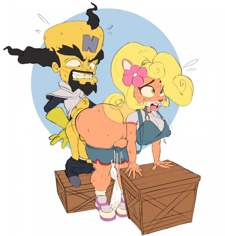 activision anthro blush bodily_fluids bottomwear bottomwear_down butt clothed clothing coco_bandicoot crash_bandicoot_(series) crate doctor_neo_cortex duo female hi_res human lipstick makeup male mammal overalls pants pants_down partially_clothed sex sweat thick_thighs video_games wide_hips yellow_body