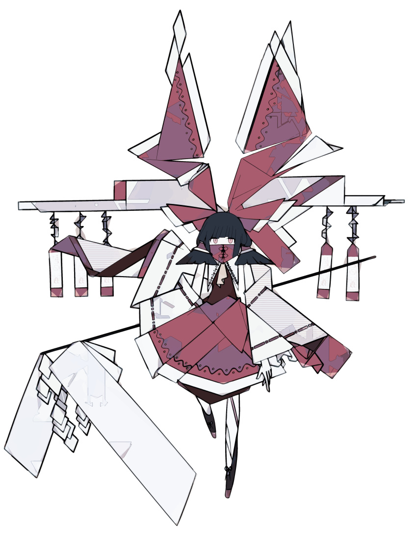 1girl abstract absurdres adapted_costume ascot black_hair bow detached_sleeves full_body gohei hair_bow hair_tubes hakurei_reimu harano_kaguyama highres large_bow limited_palette looking_at_viewer mask medium_hair mouth_mask red_bow red_eyes red_ribbon red_skirt ribbon ribbon-trimmed_sleeves ribbon_trim simple_background skirt solo touhou white_background wide_sleeves