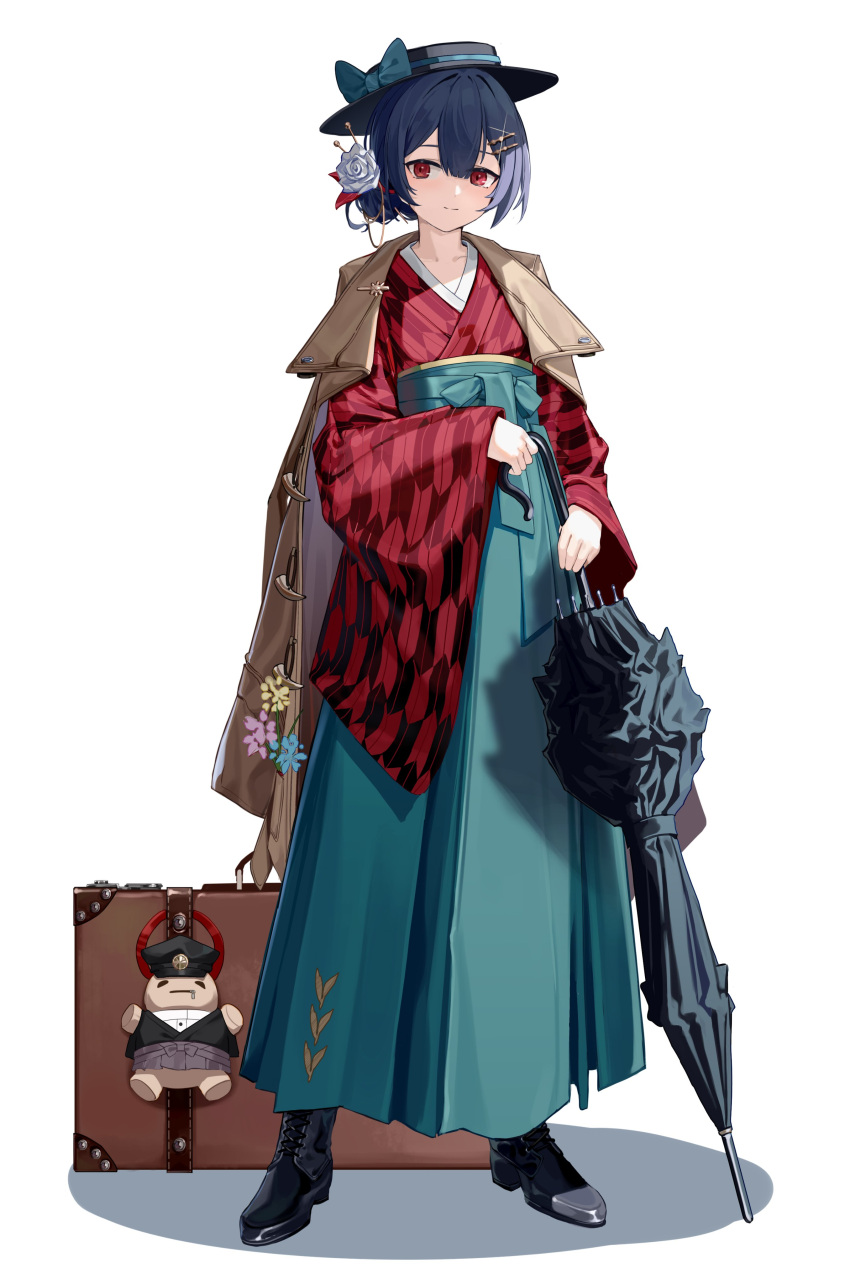 1girl absurdres aqua_bow aqua_hakama bag_charm black_footwear black_hair black_headwear blush bow brown_coat charm_(object) closed_fan closed_mouth coat coat_on_shoulders eyebrows_visible_through_hair flower folding_fan full_body glint hair_bun hair_flower hair_ornament hairclip hakama hand_fan hat hat_bow highres holding holding_umbrella idolmaster idolmaster_shiny_colors japanese_clothes kimono long_sleeves looking_at_viewer morino_rinze open_clothes open_coat red_eyes red_kimono rose short_hair simple_background smile solo standing suitcase umbrella white_background white_flower white_rose wide_sleeves xiu_kukkii
