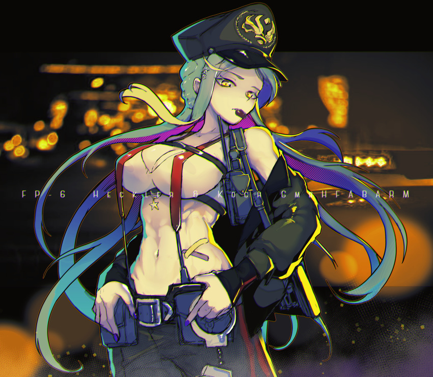 1girl abs absurdres aqua_hair bangs belt black_headwear black_jacket black_pants breasts character_name cleavage crop_top cuffs english_text eyebrows_visible_through_hair fp-6_(girls'_frontline) girls'_frontline hair_ornament hairclip handcuffs hat highres holding holding_handcuffs jacket jacket_pull long_hair looking_at_viewer medium_breasts military_hat mouth_hold nail_polish navel open_clothes open_jacket pants peaked_cap police police_uniform policewoman purple_nails ryuu_tou solo sports_bra suspenders tank_top uniform upper_body whistle white_sports_bra white_tank_top yellow_eyes