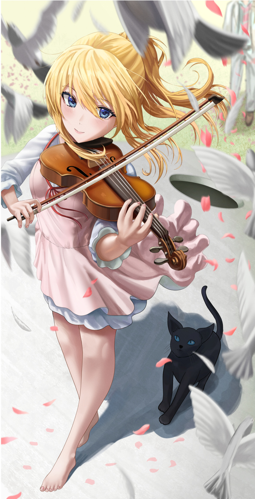 1boy 1girl absurdres animal arima_kousei bangs barefoot bird black_cat blonde_hair blue_eyes cat closed_mouth dress eyebrows_visible_through_hair hair_between_eyes highres holding holding_instrument instrument long_hair miyazono_kawori outdoors petals pink_dress ponytail shigatsu_wa_kimi_no_uso sidelocks silvertsuki smile solo_focus violin