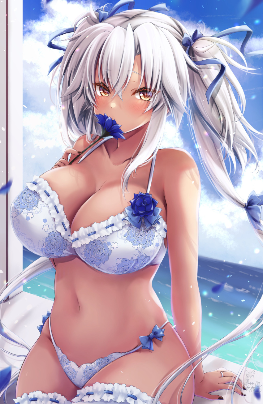 1girl absurdres black_nails blue_flower blue_ribbon blue_rose blue_sky bra breasts brown_eyes cloud cloudy_sky covered_mouth dark-skinned_female dark_skin dated floral_print flower hair_between_eyes hair_ribbon highres jewelry kantai_collection large_breasts light_brown_hair mashiro_yukiya musashi_(kancolle) ocean one-hour_drawing_challenge panties petals ribbon ring rose rose_print short_hair_with_long_locks sitting sky solo twintails two_side_up underwear water wedding_band white_bra white_panties