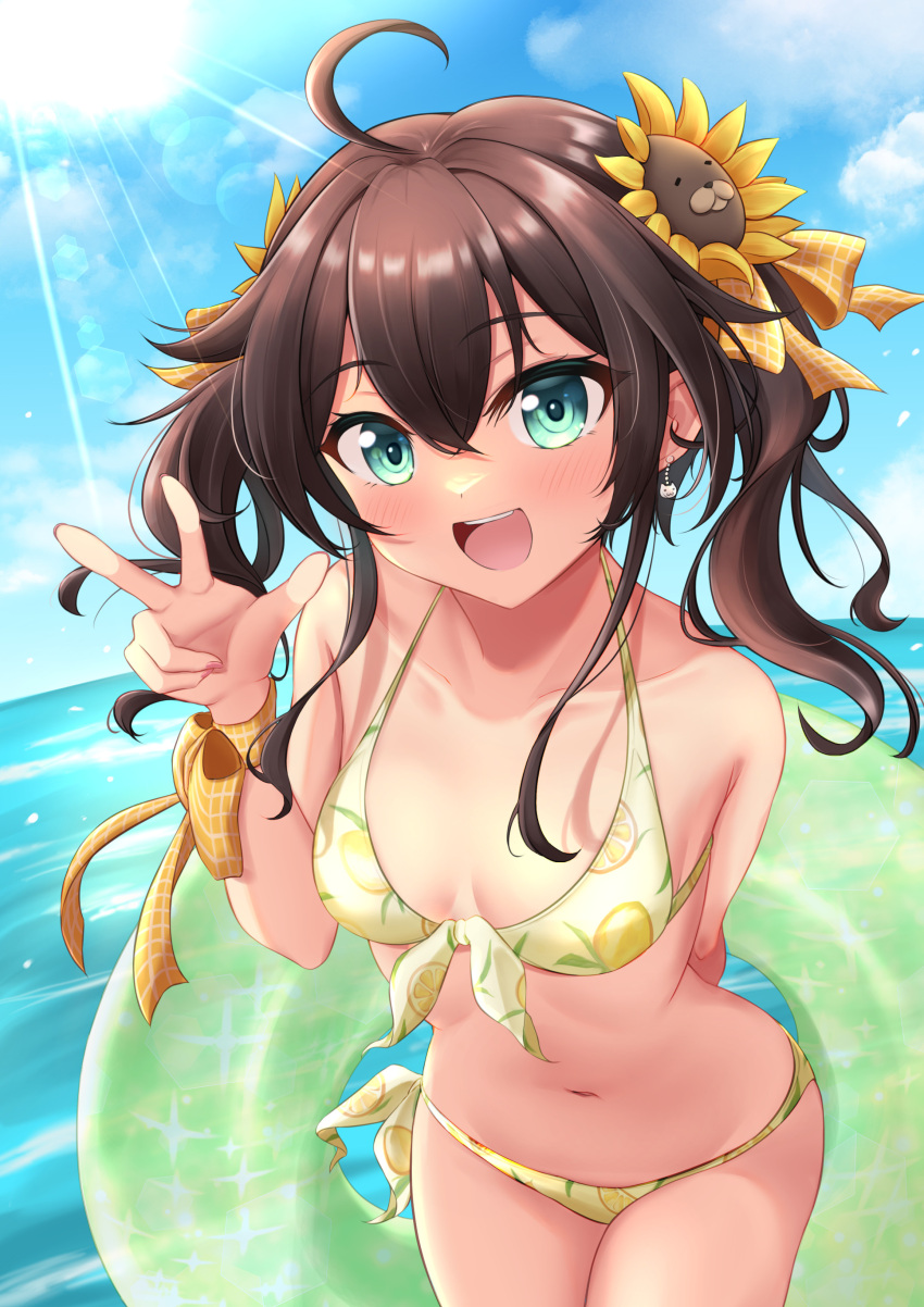 1girl absurdres ahoge bikini blue_eyes blue_sky breasts brown_hair cloud commentary_request cowboy_shot day flower foreshortening hair_flower hair_ornament hair_ribbon highres hololive horizon innertube kaigan lemon_print long_hair looking_at_viewer medium_hair natsuiro_matsuri ocean one_eye_closed open_mouth outdoors ribbon side-tie_bikini sky small_breasts smile solo sun sunflower swimsuit teeth twintails upper_teeth v virtual_youtuber yellow_bikini