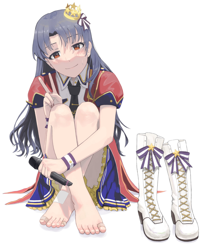 1girl absurdres bandages bangs barefoot black_hair closed_mouth crossed_legs crown epitaph_(1122) highres idolmaster idolmaster_million_live! idolmaster_million_live!_theater_days long_hair looking_at_viewer microphone mini_crown red_eyes shoes shoes_removed sitting smile solo sweat takayama_sayoko v white_background