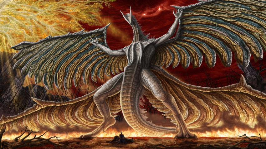 absurd_res ambiguous_gender dragon elden_ring feral fire fromsoftware hi_res looking_down on_two_legs rudolf_karimov size_difference spread_wings standing video_games wings