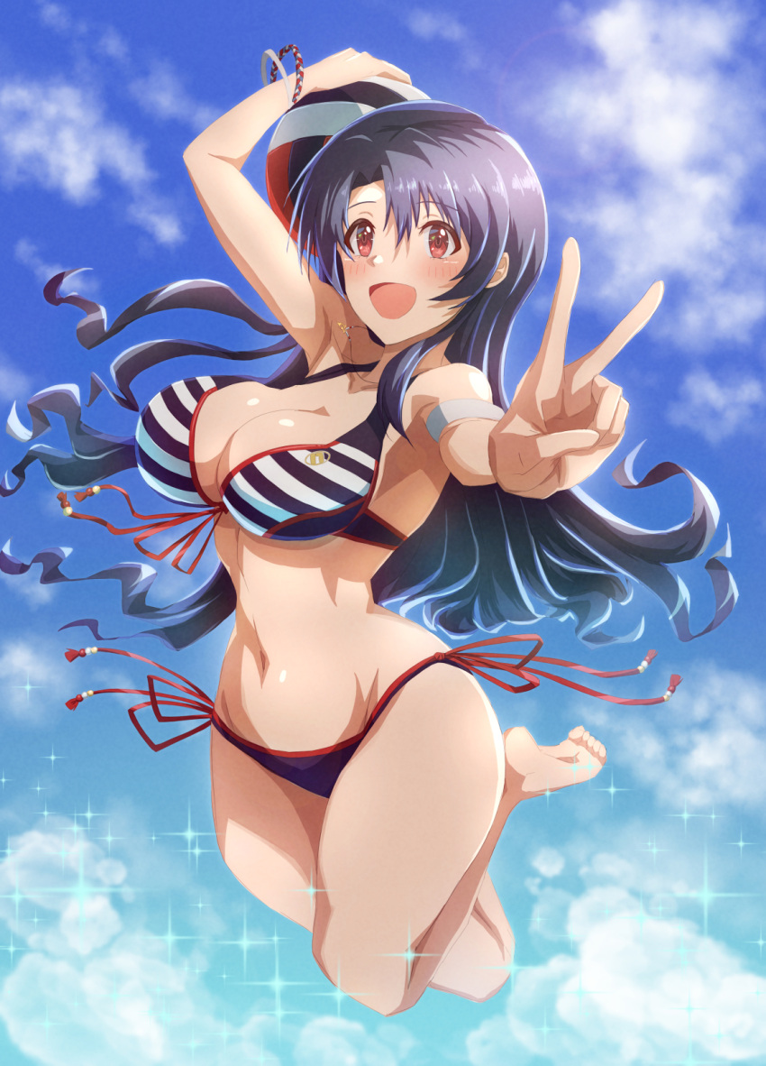 1girl bangs barefoot bikini black_hair breasts cloud cloudy_sky full_body highres idolmaster idolmaster_million_live! idolmaster_million_live!_theater_days jewelry kakiken large_breasts long_hair looking_at_viewer navel necklace open_mouth red_eyes sky smile solo sparkle striped striped_bikini swimsuit takayama_sayoko v volleyball