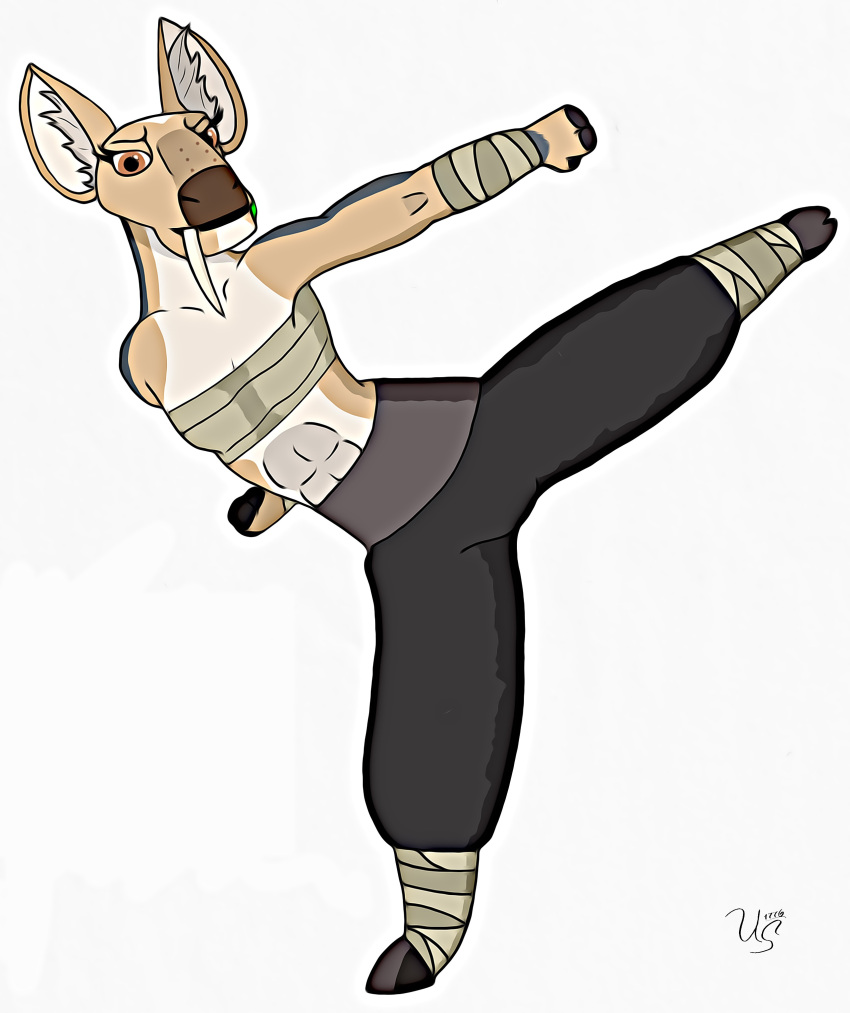 abs absurd_res anthro bottomwear cervid chest_wraps clothed clothing dreamworks female fighting_pose hi_res jade_tusk kung_fu_panda mammal muscular muscular_female pants partially_clothed pose puttees solo training unclesam1976 water_deer wraps wrist_wraps