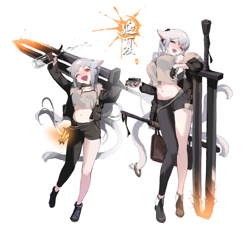 2girls :d ;d absurdres animal_ears arms_up asymmetrical_clothes bare_shoulders black_footwear black_gloves black_jacket black_pants bottle breasts cat_ears cat_girl cat_tail collar crop_top crop_top_overhang fang full_body fur_trim gloves grey_hair grey_shirt heterochromia highres holding holding_sword holding_weapon huge_weapon jacket large_breasts long_hair long_sleeves looking_at_viewer medium_breasts midriff multiple_girls multiple_tails navel off_shoulder one_eye_closed open_clothes open_jacket open_mouth orange_eyes original pants planted planted_sword purple_eyes red_eyes revealing_clothes shirt shisantian shoes simple_background single_glove single_pantsleg sleeveless sleeveless_shirt slit_pupils smile smug spray_bottle standing stomach sword tail tail_ornament tail_ring thighs very_long_hair weapon white_background white_hair
