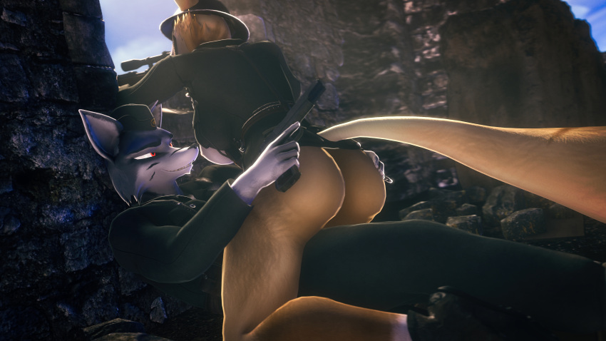 16:9 3d_(artwork) 4k absurd_res big_butt boots brandi breasts butt canid canine clothed clothing cowgirl_position digital_media_(artwork) female female_penetrated footwear from_front_position fur grey_body grey_fur gun handgun hat headgear headwear hi_res holding_object holding_weapon light_brown_fur male male/female male_penetrating male_penetrating_female mammal military military_cap military_uniform nipples on_bottom on_top penetration ranged_weapon red_eyes rifle scope sex smile sniper_rifle source_filmmaker topwear uniform weapon widescreen