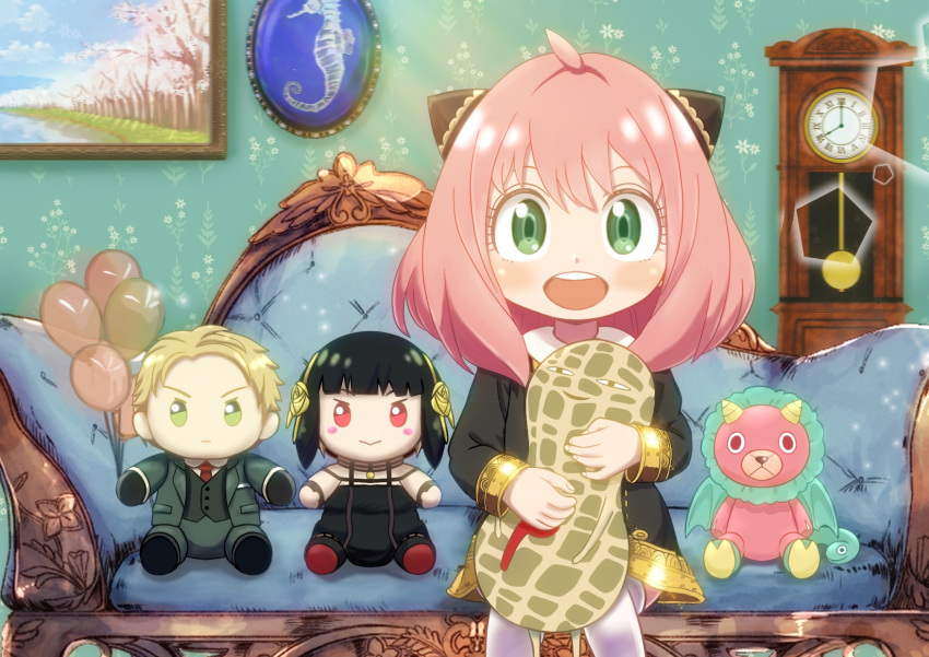 1boy 2girls :d ahoge anya_(spy_x_family) asukamama89 balloon bangs blush_stickers character_doll child clock couch director_chimera_(spy_x_family) dress grandfather_clock green_eyes hair_cones highres looking_at_viewer medium_hair multiple_girls painting_(object) peanut pink_hair sitting smile spy_x_family stuffed_toy thighhighs twilight_(spy_x_family) wallpaper_(object) yor_briar