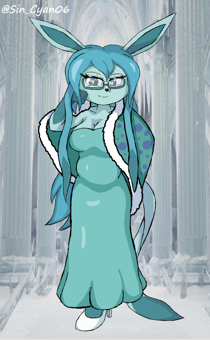 absurd_res anthro big_breasts blue_eyes breasts canid canine clothed clothing digital_media_(artwork) dress eeveelution eyewear female fox fur glaceon hair hi_res high_heels looking_at_viewer mammal neelu_(sin_cyan06) nintendo pok&eacute;mon pok&eacute;mon_(species) sin_cyan06 sin_teal smile solo video_games