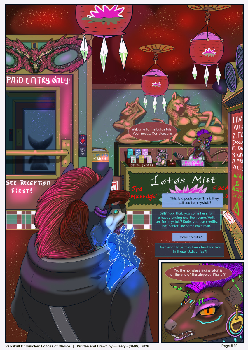 absurd_res ambiguous_gender animal_humanoid anthro blue_eyes braided_hair breasts canid canine comic door ear_piercing ear_ring echoes_of_choice electronics english_text eyebrow_piercing facial_piercing fantasy female fleety_(artist) fleety_(character) fox group hair herm herm_(lore) hi_res hologram humanoid inside intersex mammal mammal_humanoid mohawk murid murine mythological_canine mythological_creature mythology nose_piercing phone piercing purple_hair rat red_hair ring_piercing rodent rodent_humanoid science_fiction sculpture speech_bubble statue tail text valkwulf werecanid werecanine werecreature werewolf yellow_eyes