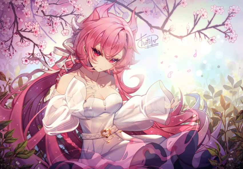 1girl anniversary artist_name breasts cherry_blossoms cloud9 collarbone commentary commission detached_sleeves dragon_girl dragon_horns dress english_commentary eyebrows_visible_through_hair hair_between_eyes hair_ornament hairclip heart highres horns jewelry long_hair looking_at_viewer medium_breasts necklace outdoors petals pink_hair plant see-through see-through_sleeves signature solo strapless strapless_dress teoteku tree very_long_hair vienna_(vtuber) virtual_youtuber watermark