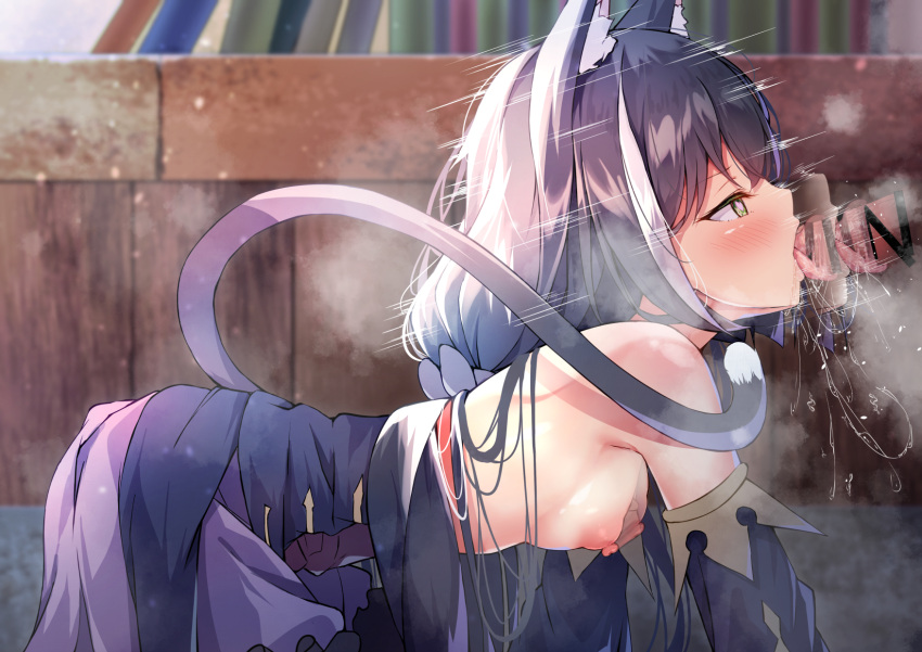 1boy 1girl all_fours animal_ear_fluff animal_ears bangs bar_censor black_hair blue_dress blush breasts cat_ears cat_girl cat_tail censored clothes_pull detached_sleeves dress dress_pull fellatio green_eyes highres karyl_(princess_connect!) long_hair low_ponytail madotsukumo nipples oral penis princess_connect! saliva shiny shiny_hair small_breasts solo_focus tail tail_raised