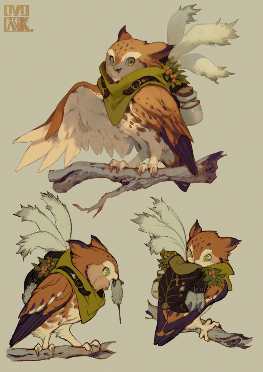 animal backpack bag bird bird_wings branch brown_bag english_commentary feathered_wings full_body glass_bottle green_eyes highres looking_at_viewer mouth_hold murayama_ryouta no_hat no_headwear open_mouth original owl simple_background wings
