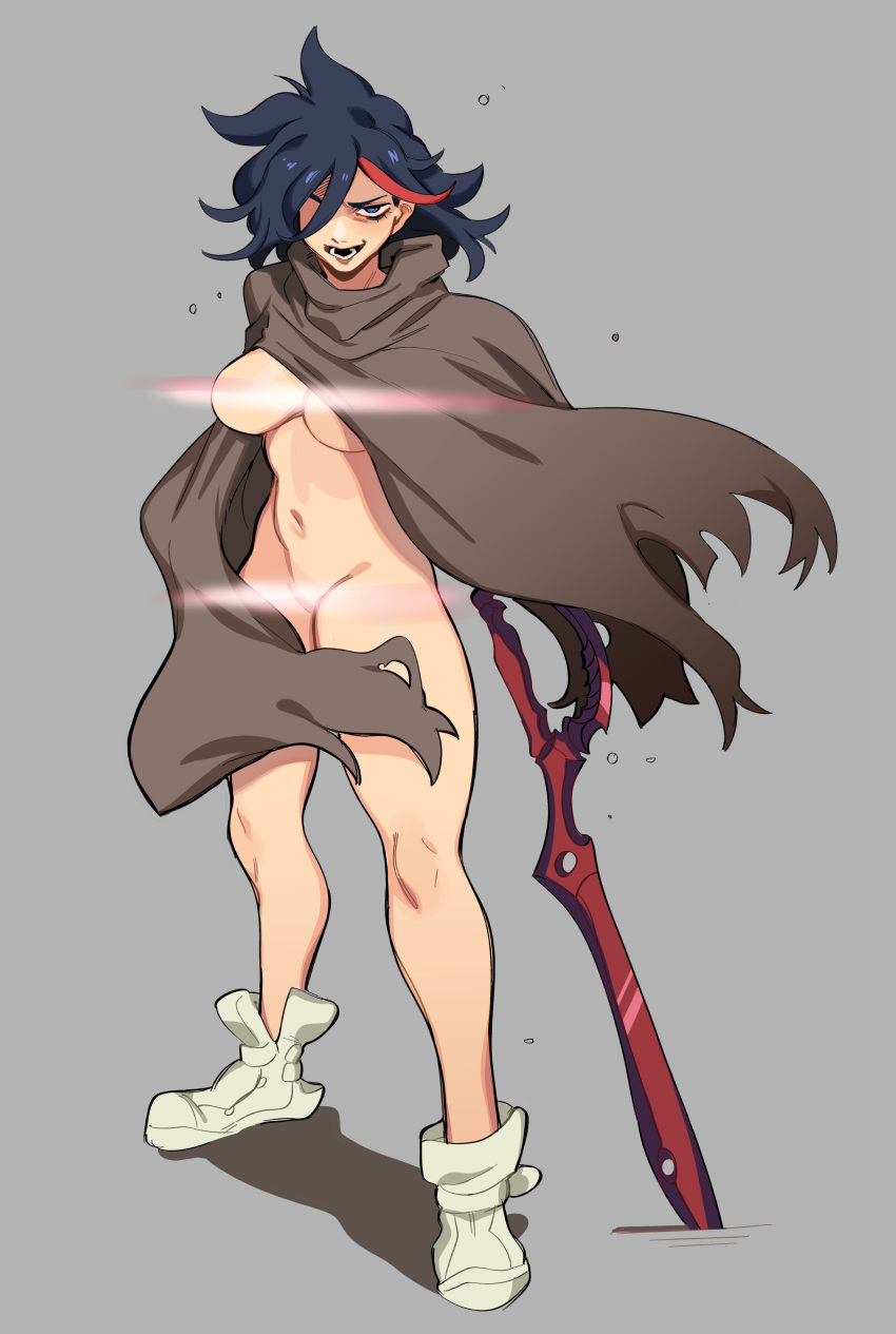 1girl absurdres blue_eyes blue_hair brown_cloak censored cloak convenient_censoring dark_blue_hair eyelashes grey_background half-closed_eyes highres kill_la_kill lens_flare long_eyelashes lower_teeth matoi_ryuuko multicolored_hair naked_cloak navel open_mouth original planted planted_sword porqueloin red_hair scissor_blade shoes simple_background smile sneakers solo standing streaked_hair sword teeth torn_cloak torn_clothes weapon white_footwear