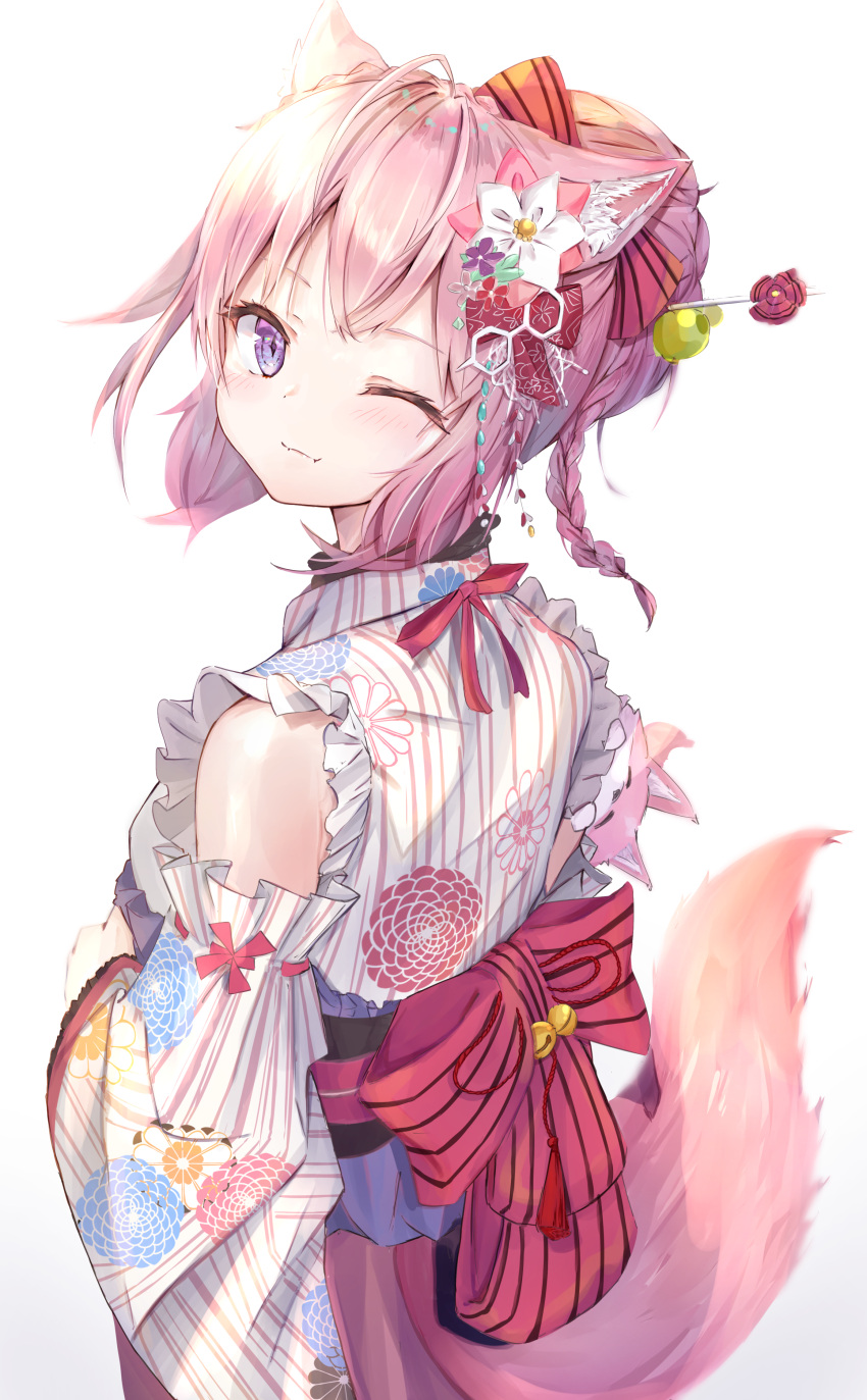 1girl ;) absurdres animal_ear_fluff animal_ears blush breasts closed_mouth coyote_ears coyote_girl coyote_tail floral_print flower from_behind hair_bun hair_flower hair_ornament hair_stick hakui_koyori highres hololive japanese_clothes kimono long_sleeves looking_at_viewer looking_back mihasu one_eye_closed pink_hair print_kimono purple_eyes short_hair simple_background smile solo tail virtual_youtuber white_background white_kimono