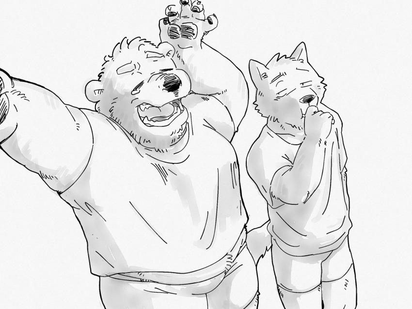 2022 anthro bottomwear canid canine canis clothing domestic_dog duo eyes_closed hi_res humanoid_hands kemono male mammal open_mouth overweight overweight_male pommn_mn shirt shorts simple_background topwear ursid yawn