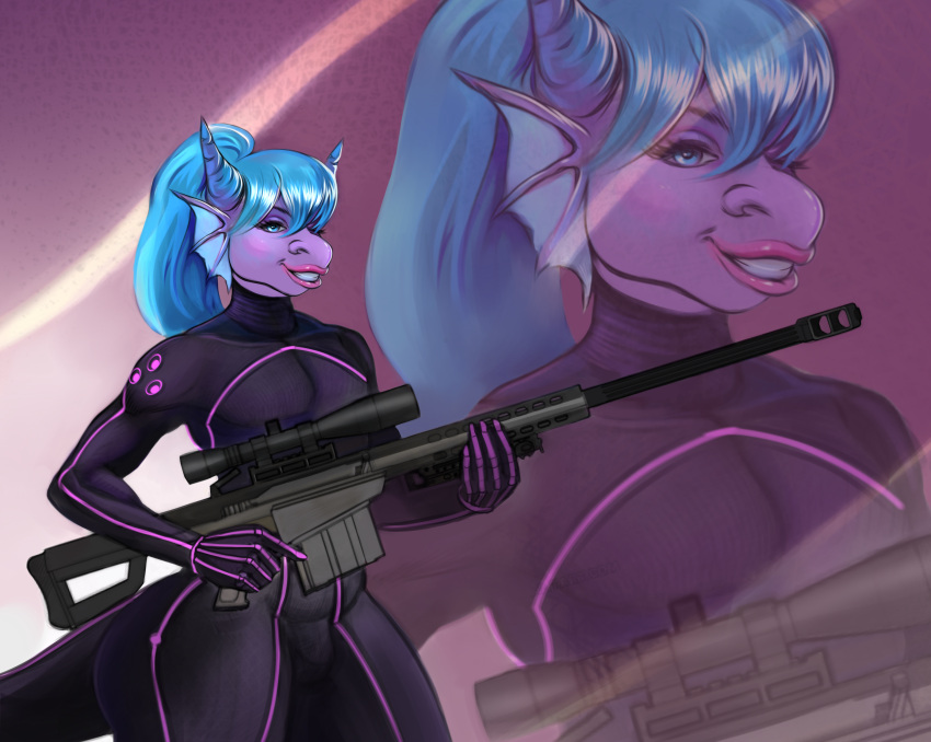 absurd_res anthro assassin big_butt bodysuit bulge butt clothed clothing danelaxy_(artist) demino_(deminothedragon) digital_media_(artwork) dragon eyeshadow girly gun hair hi_res horn huge_thighs lips lipstick looking_at_viewer m82a1 makeup male ranged_weapon scalie skinsuit smile solo stealth_suit thick_lips thick_thighs tight_clothing weapon wide_hips