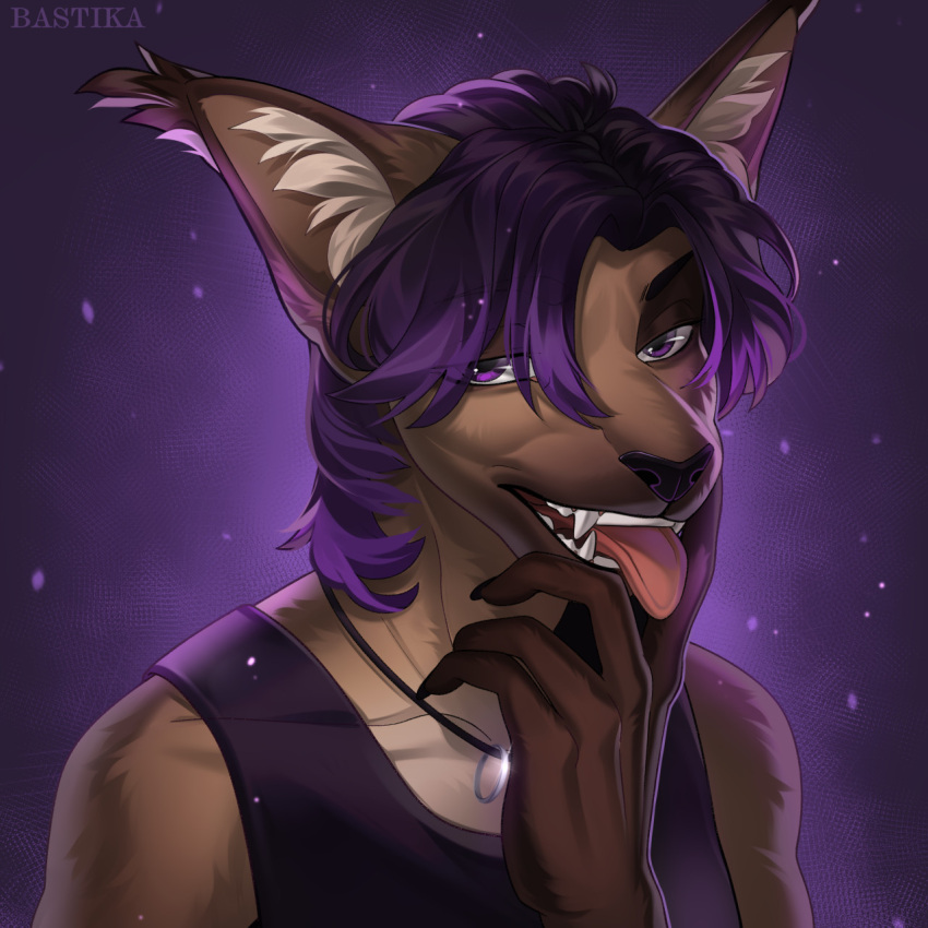 1:1 2022 anthro bastika black_nose breasts brown_body brown_fur clothed clothing digital_media_(artwork) felid feline female fur hair hi_res mammal open_mouth purple_eyes purple_hair solo teeth tongue