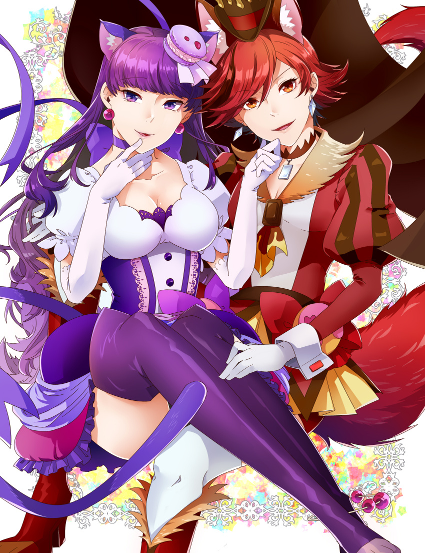 2girls absurdres animal_ears boots breasts brown_cape brown_choker cape choker cure_chocolat cure_macaron dog_ears dog_tail earrings extra_ears eyebrows_visible_through_hair food-themed_hair_ornament gradient gradient_background hair_ornament hat highres jewelry kenjou_akira kirakira_precure_a_la_mode kotozume_yukari lips long_sleeves macaron_hair_ornament magical_girl medium_breasts medium_hair miyashirou_(312_1mmm1_213) multiple_girls precure puffy_long_sleeves puffy_short_sleeves puffy_sleeves purple_eyes purple_hair purple_tail red_eyes red_hair short_sleeves shorts sitting sitting_on_person small_breasts smile spiked_hair tail thigh_boots thighhighs thighs top_hat white_background