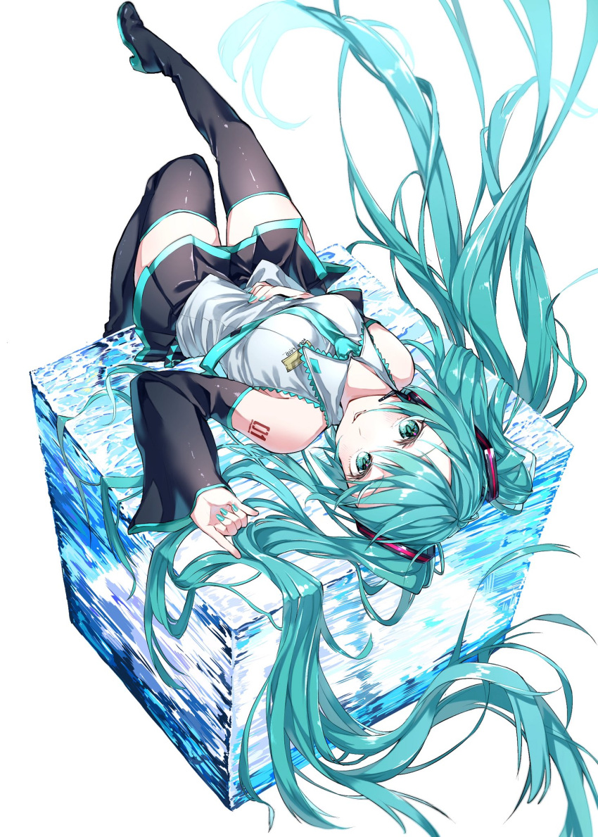1girl bare_shoulders black_footwear black_skirt black_sleeves blue_nails blue_necktie boots breasts detached_sleeves floating_hair grey_shirt hatsune_miku headphones headset highres hiraki_azi ice leg_up light_blue_eyes light_blue_hair light_blue_nails light_blue_necktie long_hair long_sleeves lying medium_breasts miniskirt necktie on_back pleated_skirt shirt simple_background skirt sleeveless solo thigh_boots thighhighs twintails very_long_hair vocaloid white_background wide_sleeves zettai_ryouiki