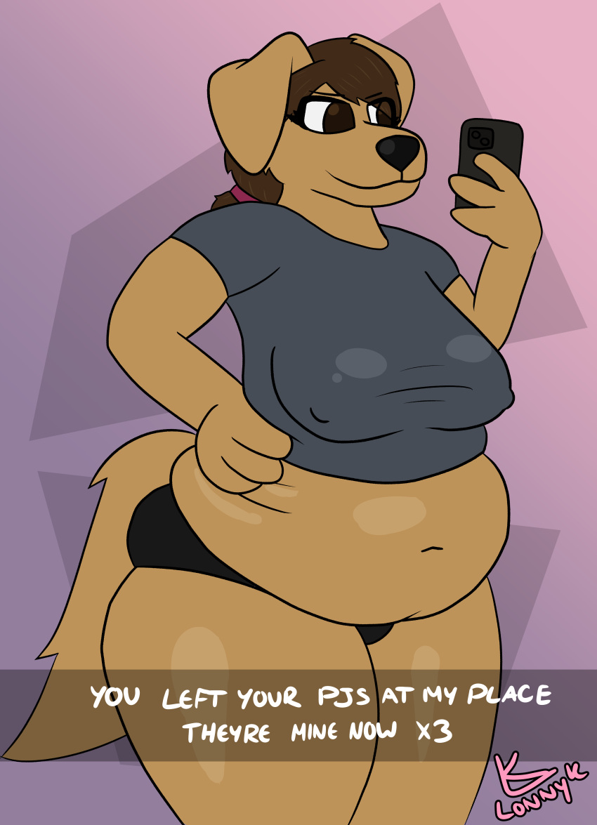 absurd_res anthro belly_overhang bird_dog canid canine canis clothes_stolen clothes_stretching clothing domestic_dog english_text female hi_res hunting_dog labrador lonnyk mammal overweight overweight_female retriever selfie snapchat solo text tight_clothing