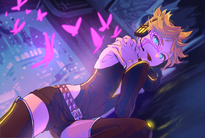 1boy ahoge armpits belt blonde_hair blue_eyes bug butterfly butterfly_tattoo city crossed_arms detached_sleeves facial_tattoo glowing glowing_eyes hands_on_own_shoulders headphones highres hip_vent kagamine_len knee_up latex long_sleeves looking_at_viewer lying male_focus multiple_belts naimaze_atakamo on_ground on_side ponytail punkish_(module) short_hair shorts skin_tight smile tattoo thick_eyebrows thighhighs tongue tongue_out vocaloid