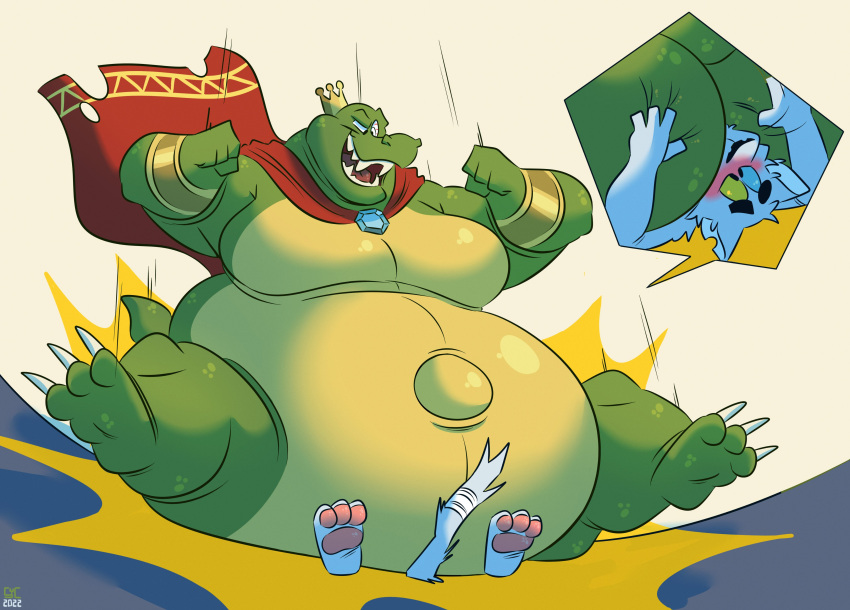 3_toes absurd_res anthro belly big_belly bracelet butt cape claws clothing crocodile crocodilian crocodylid crown domestic_cat donkey_kong_(series) duo facesitting feet felid feline felis green_body hi_res jewelry king_k._rool kremling male male/male mammal moobs nintendo obese obese_anthro obese_male overweight overweight_anthro overweight_male reptile scalie syc toes video_games