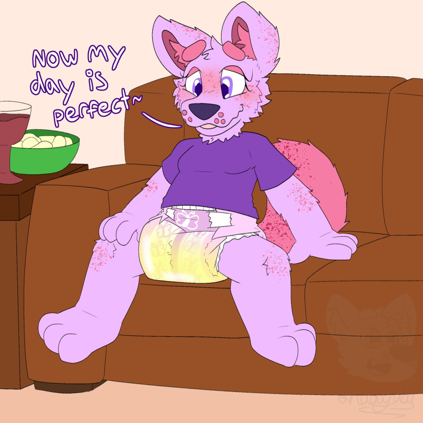 1:1 2021 anthro biped blush bodily_fluids clothing detailed_background dialogue diaper english_text female fur furniture genital_fluids hi_res shadyadi1 shirt sitting smile sofa solo text topwear urine wet_diaper wetting