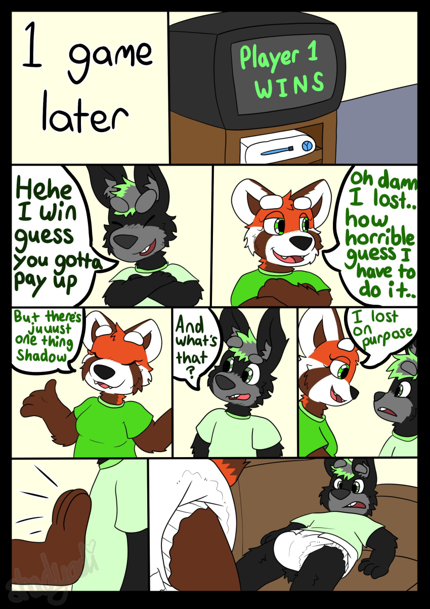 2022 absurd_res ailurid anthro biped clothing comic dialoge diaper duo english_text eyes_closed female fur hair hi_res lying male mammal open_mouth red_panda shadyadi1 shirt sitting speech_bubble standing text topwear