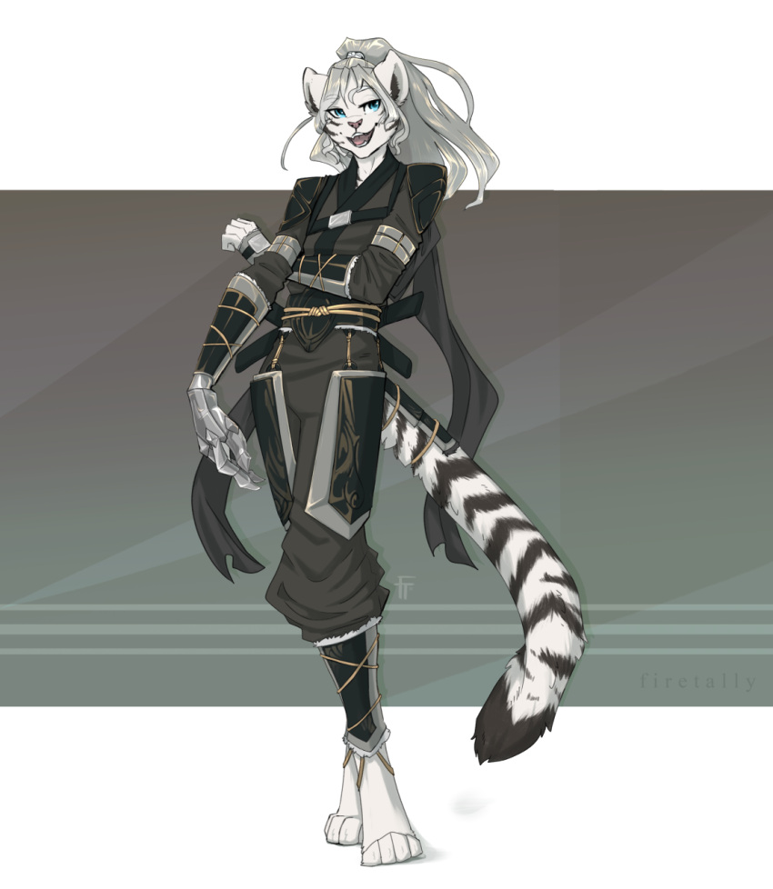 2022 4_toes 5_fingers anthro black_stripes breasts digital_media_(artwork) feet felid female fingers firetally fur green_eyes hair hi_res mammal open_mouth orange_body orange_fur pantherine smile solo striped_body striped_fur stripes teeth tiger toes tongue white_hair