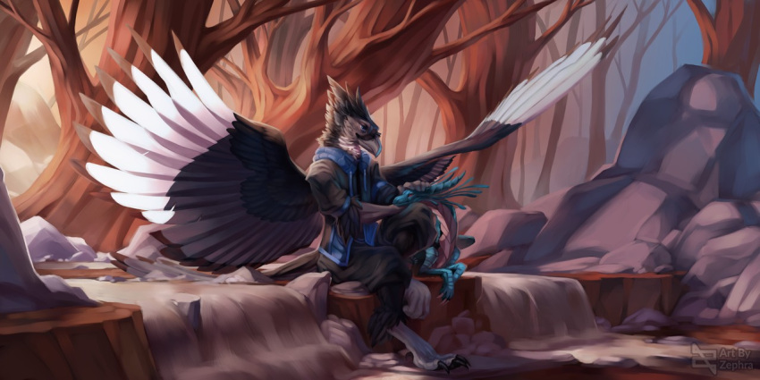 2022 2:1 anthro avian bird clothed clothing day detailed_background digital_media_(artwork) dragon duo feathered_wings feathers feet feral fingers forest male outside plant scales snow toes tree wings zephra