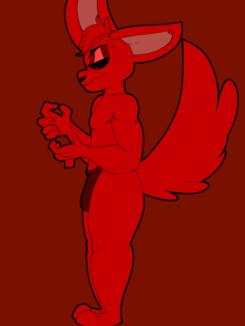 absurd_res adultpartypunch anthro black_sclera bottomwear briefs bulge clothed clothing damian_(zoophobia) demon digital_media_(artwork) fur hair hi_res male muscular muscular_male nude panties red_body red_fur simple_background skimpy solo standing underwear wisteria_(artist) zoophobia