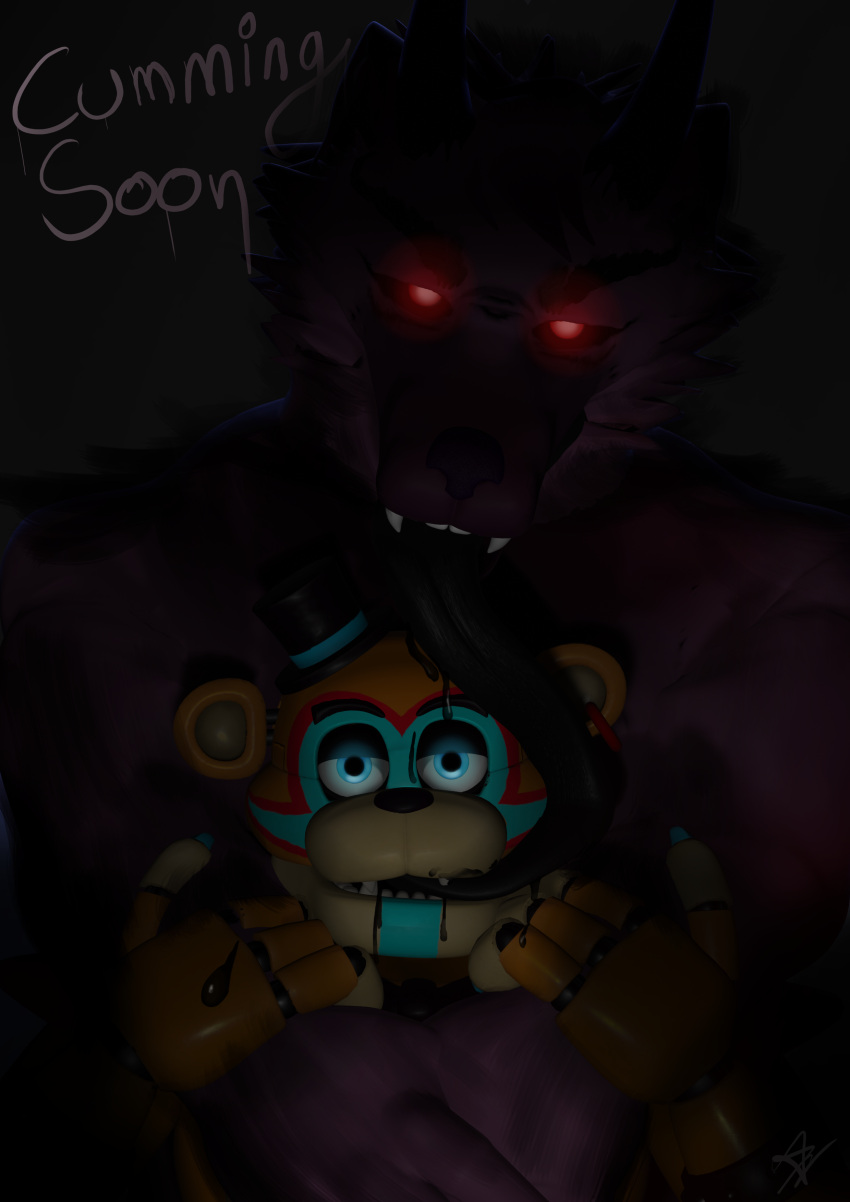 absurd_res animatronic anthro canid canine canis demon duo five_nights_at_freddy's five_nights_at_freddy's:_security_breach freddy_(fnaf) glamrock_freddy_(fnaf) hi_res hybrid kagesama machine male male/male mammal robot scottgames tongue_fetish ursid video_games wolf