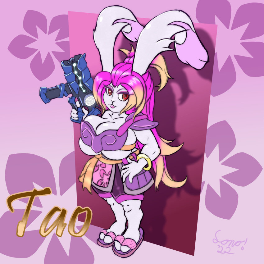 1:1 1female abstract_background absurd_res armor big_breasts big_ears bloom breast_squish breastplate breasts cherry_blossom cleavage clothed clothing colored_sketch drop_shadow fantasy female flat_colors footwear gun gunfire_reborn hair hi_res highlighted_tips huge_breasts invalid_tag lagomorph leporid lightly_clothed long_hair looking_at_viewer machine_pistol mammal plant rabbit ranged_weapon red_eyes sandals science_fiction short_stack sketch sonomatic spill spillage squish tao tao_(gunfire_reborn) under_boob weapon